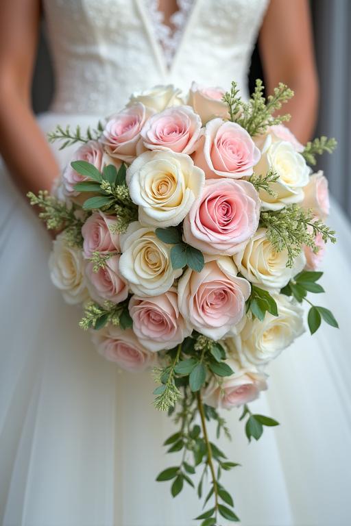 A cascading bridal bouquet with soft pinks and cream colors.