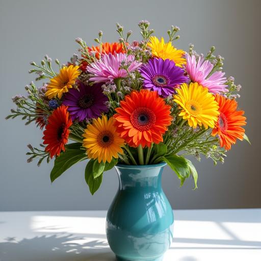 A vibrant and colorful bespoke bouquet in a ceramic vase.