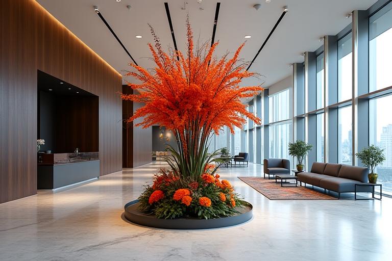 A striking, architectural floral arrangement in a modern corporate lobby.