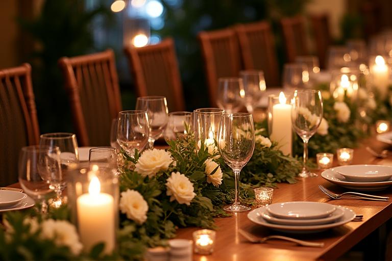 A long, low centerpiece for a wedding reception table, filled with lush greenery and candles.