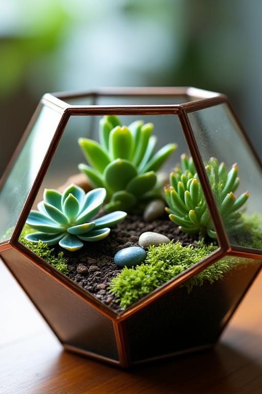 A close-up of a custom-built geometric terrarium with succulents and moss.