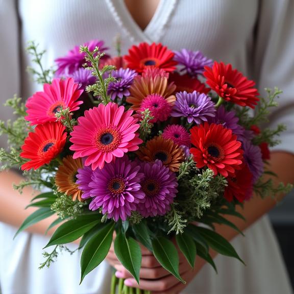 A hand-tied bespoke flower bouquet with vibrant, unique flowers.