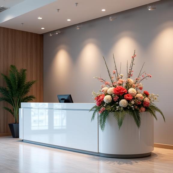 A modern corporate reception desk featuring a stylish floral arrangement.
