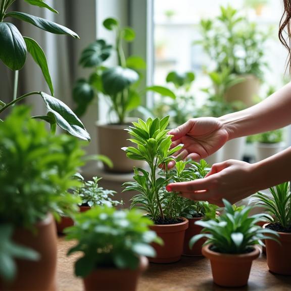 A person tending to a collection of healthy indoor plants.