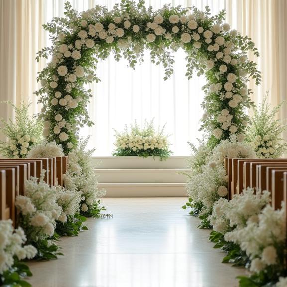 An elegant wedding altar decorated with white roses and greenery.