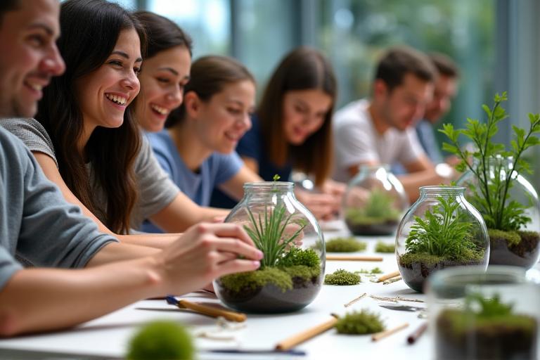 A group of people happily constructing their own terrariums at a workshop table.